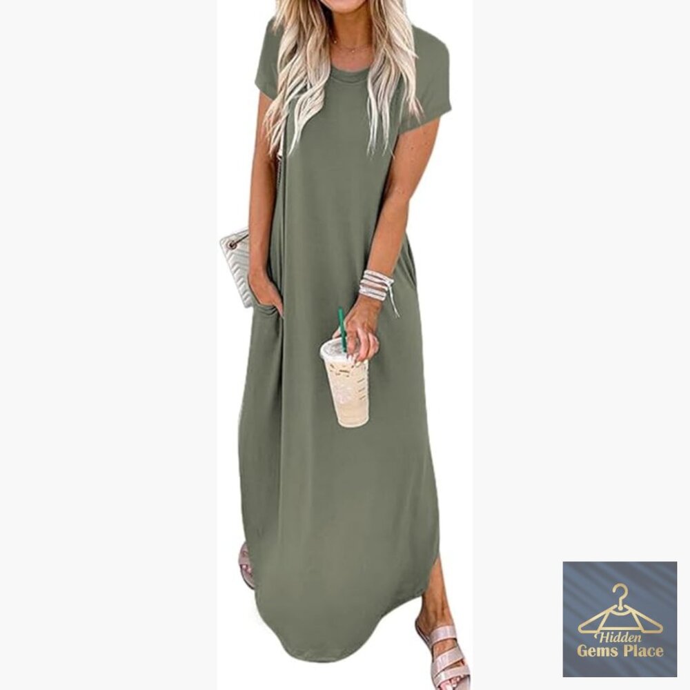 Summer Maxi Dress with Pockets, Crewneck, Loose Fit, Size S-XXL